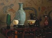 Hubert Vos Asian Still Life with Blue Vase, oil painting by Hubert Vos oil painting on canvas